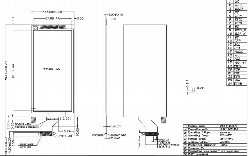 eink display epaper screen 180x384 eink display epaper screen 180x384